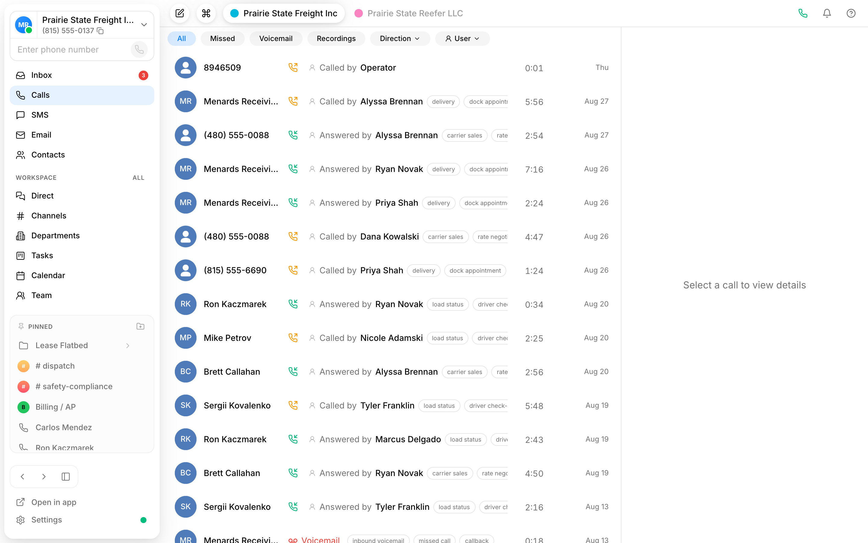Carrier sales and customer calls, written up as they happen