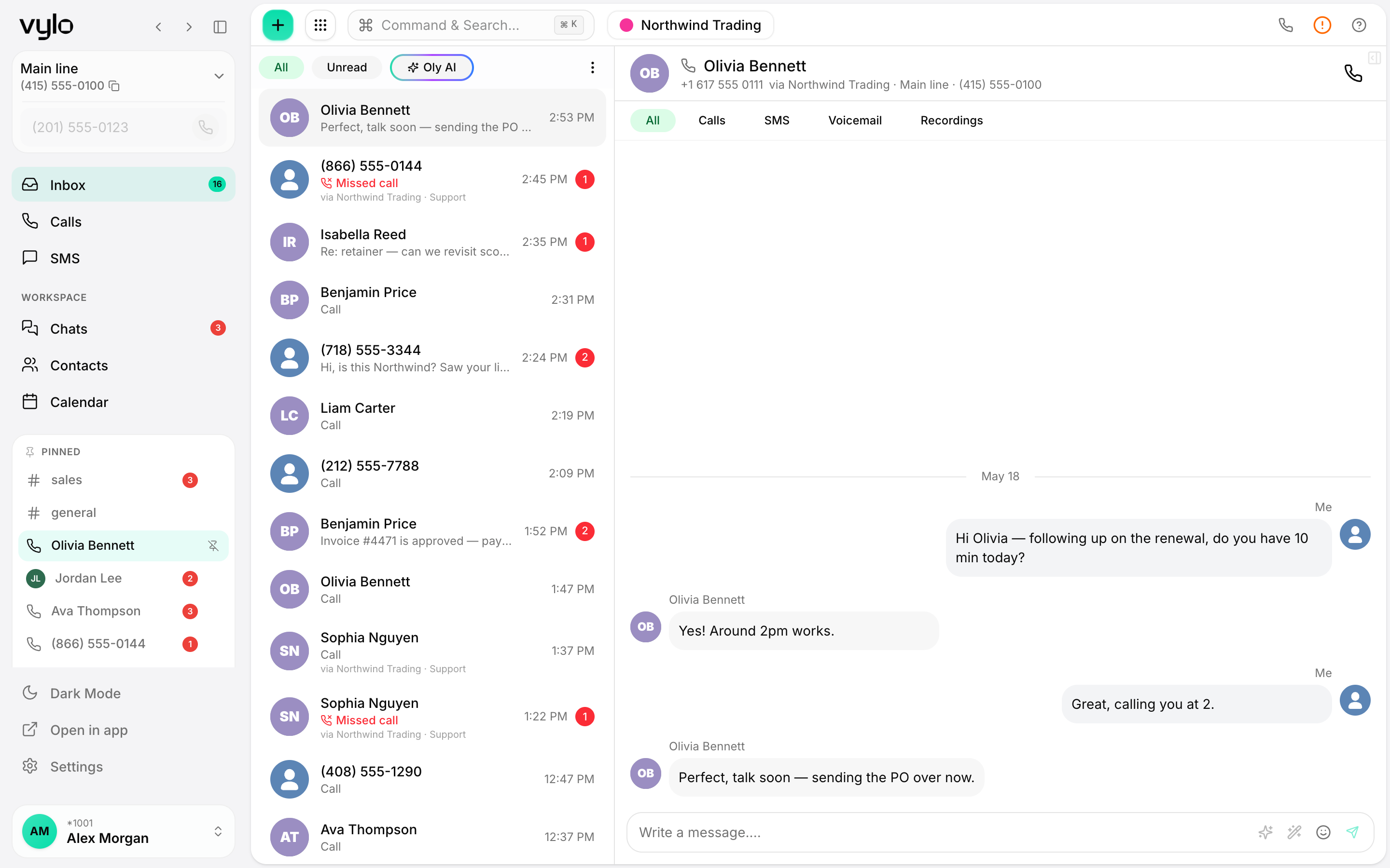Vylo unified conversation with calls, texts and notes